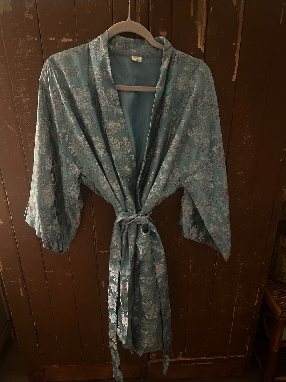 Silk-Feel Teal Floral Kimono Robe with Sash